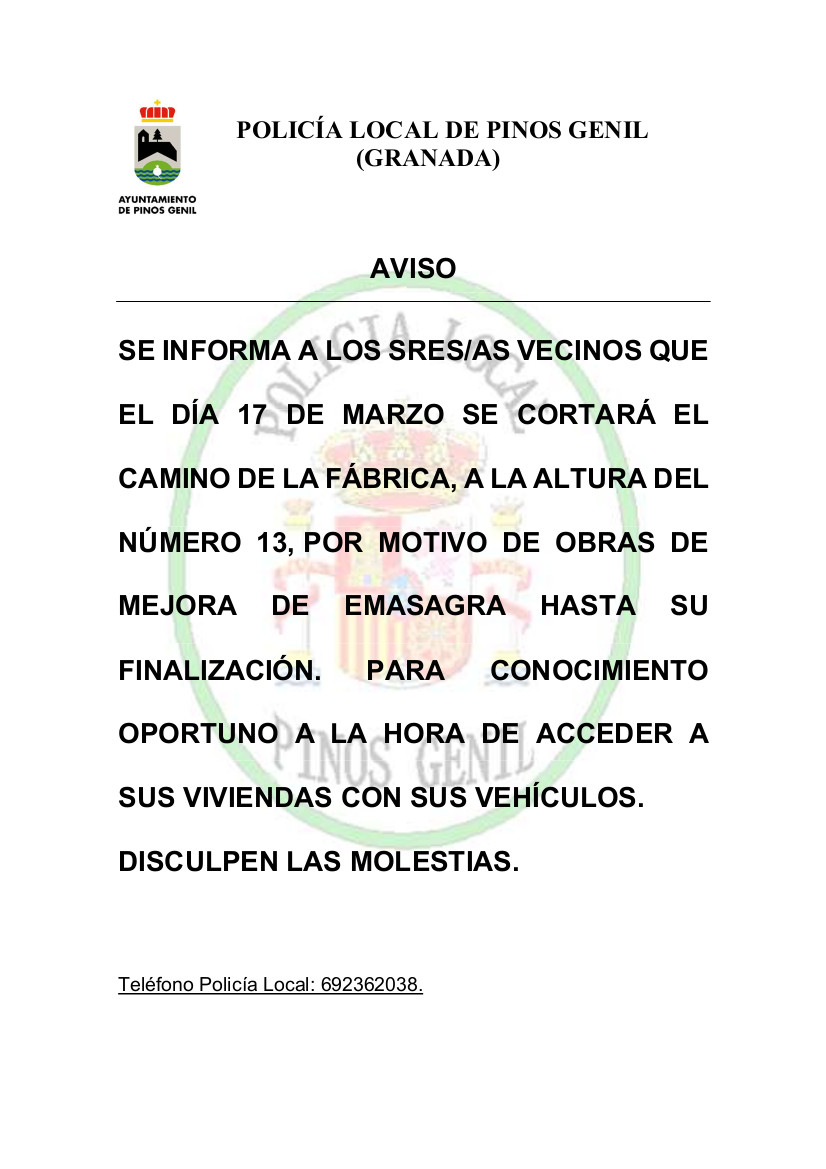 CORTE CAMINO DE LA FÁBRICA - Martes 17 de marzo