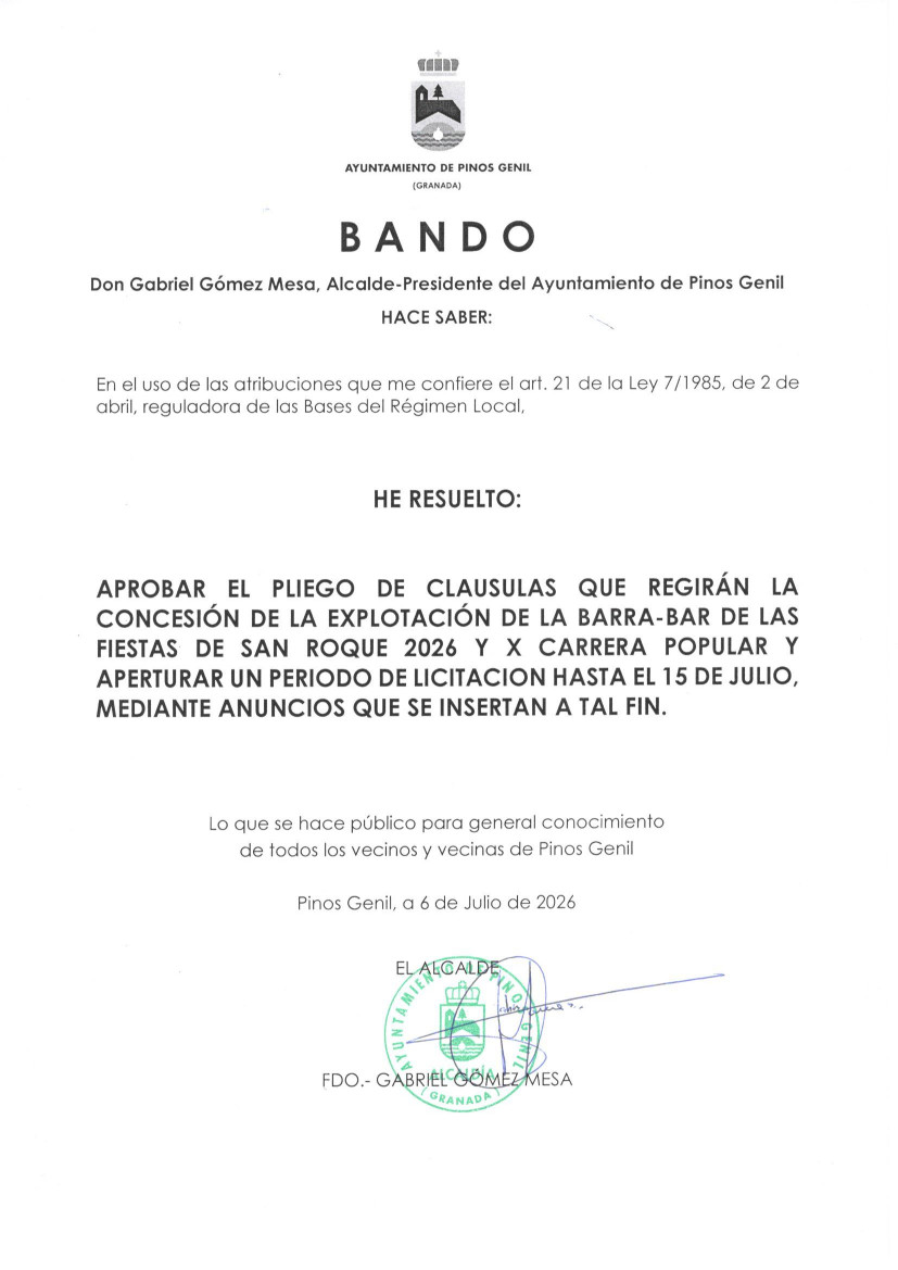 Plazo de licitación para la explotación de la Barra-Bar de las Fiestas de San Roque 2026