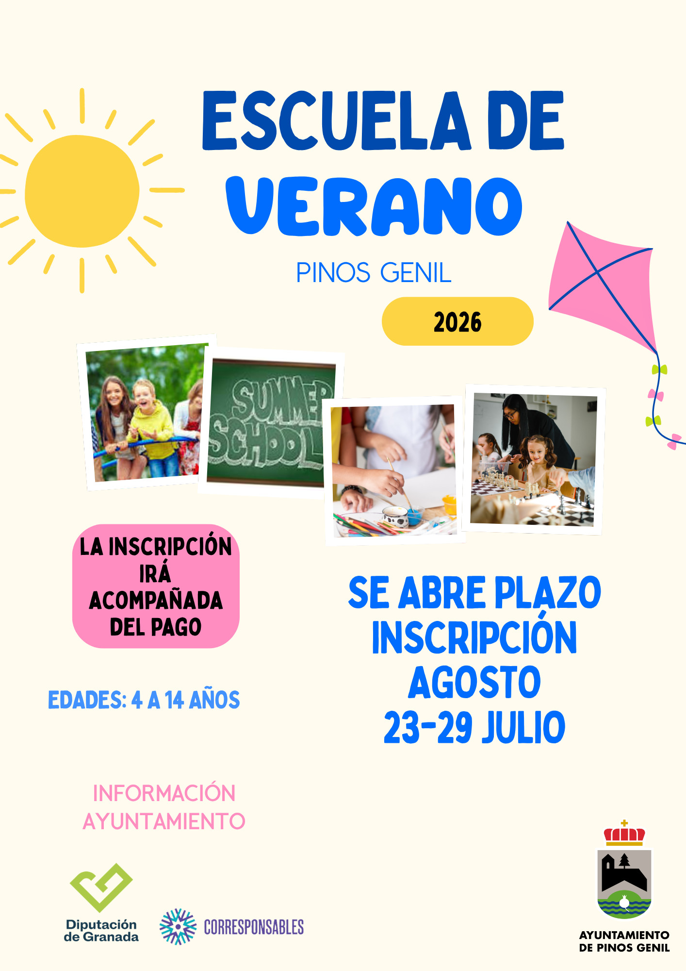 ☀️ ¡Abierto el plazo de inscripción para el mes de Agosto de la Escuela de Verano 2026 de Pinos Genil! 🎨⚽♟️