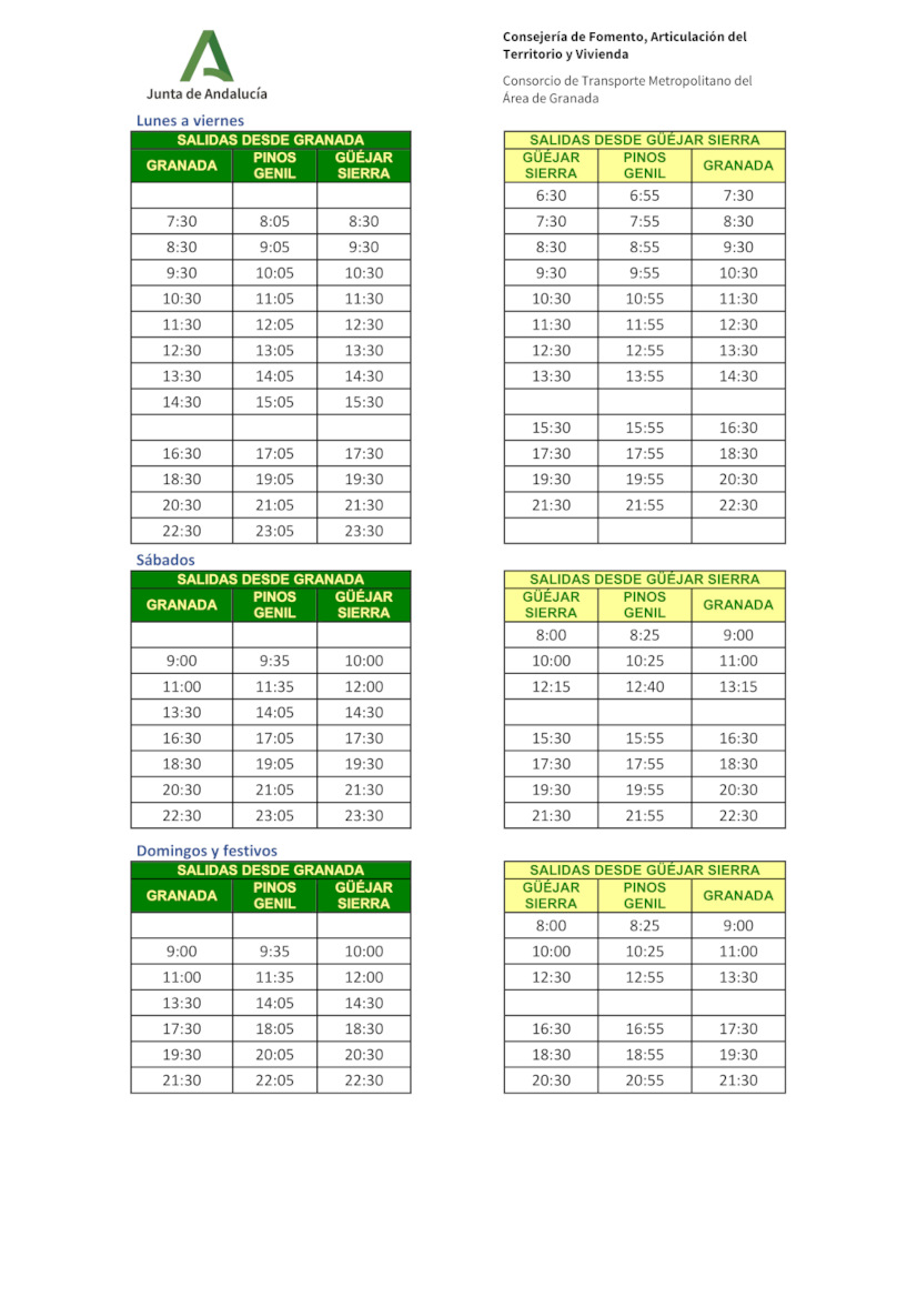 HORARIOS DE LA LÍNEA 390 PINOS GENIL - GRANADA